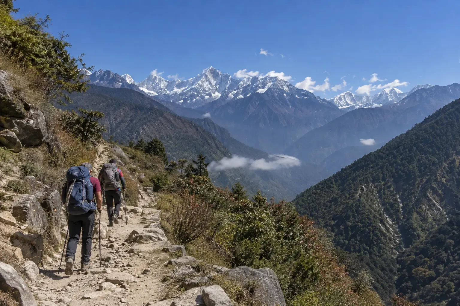 Trekkers walking on a clear autumn trail with Himalayan mountains in Nepal