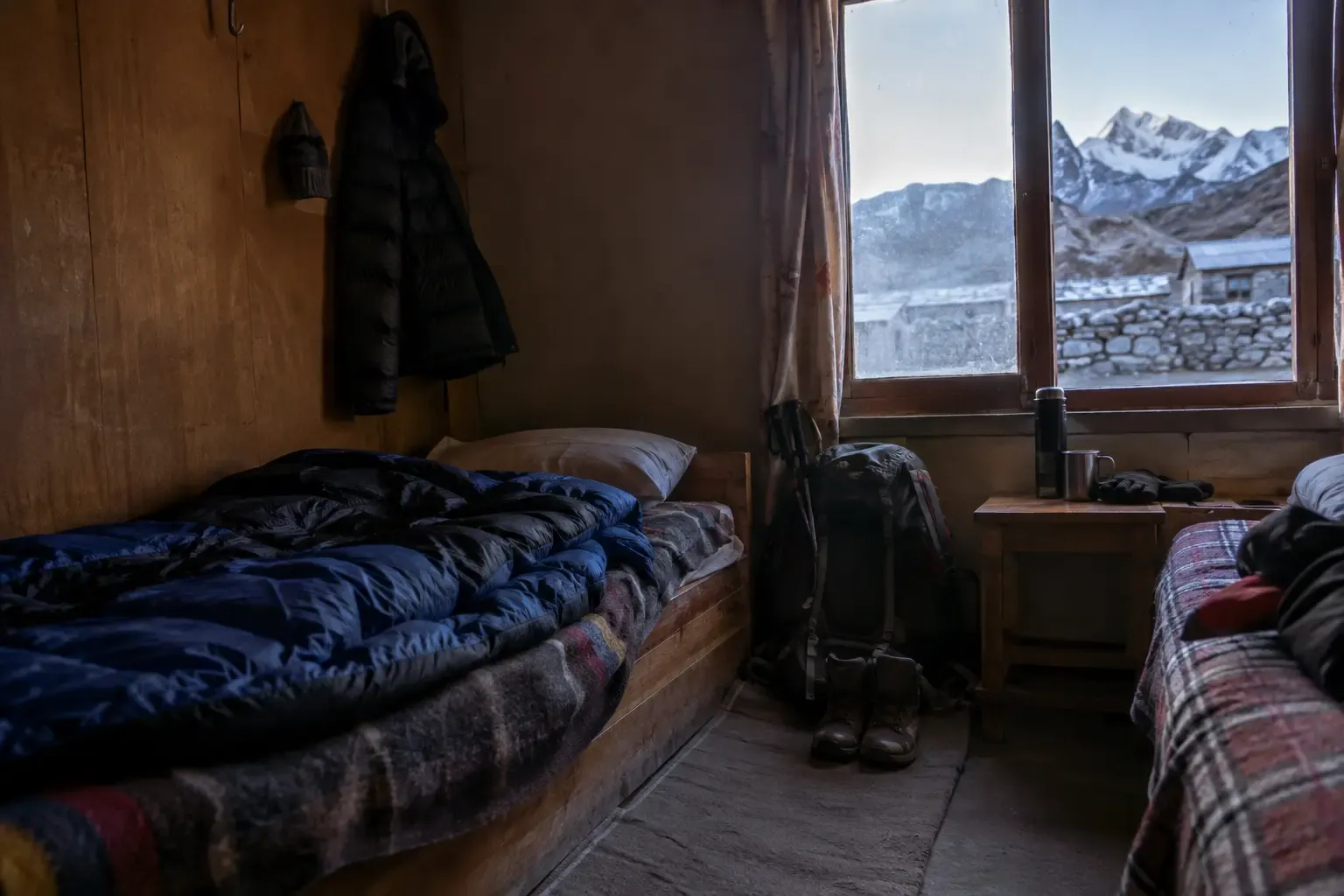 Trekker staying at a high-altitude lodge above 4,000 metres in the Nepal Himalayas