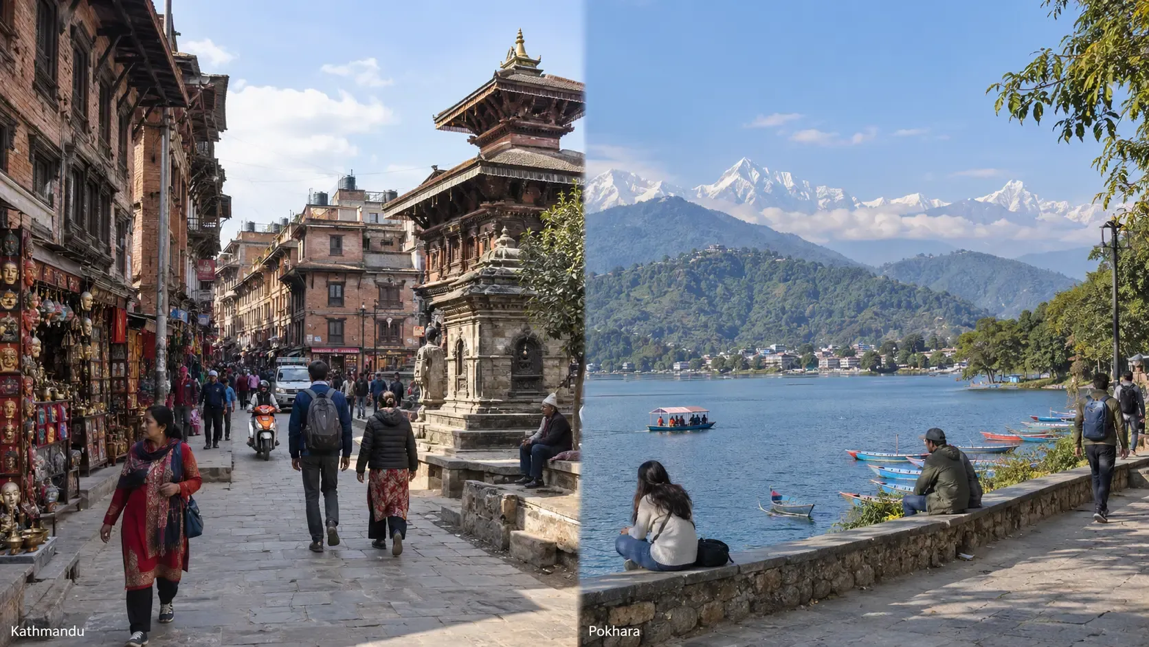 Kathmandu heritage architecture and Pokhara's Phewa Lake with Himalayan mountains