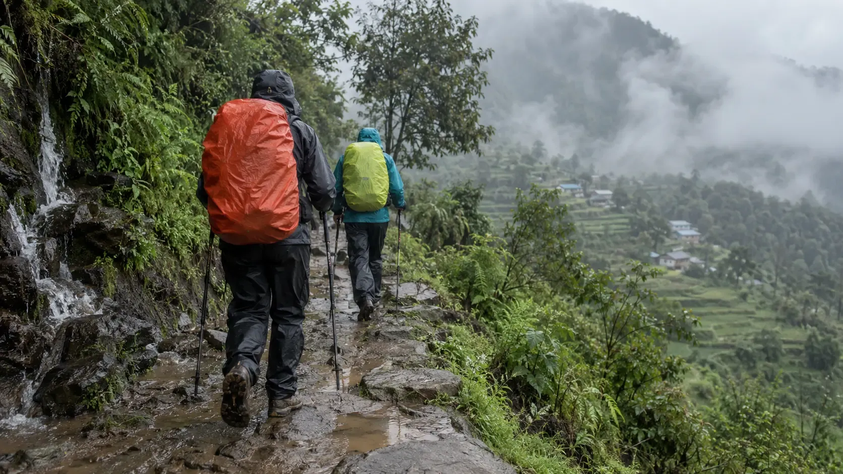 Trekker wearing rain gear and carrying a covered backpack on a wet trail in Nepal