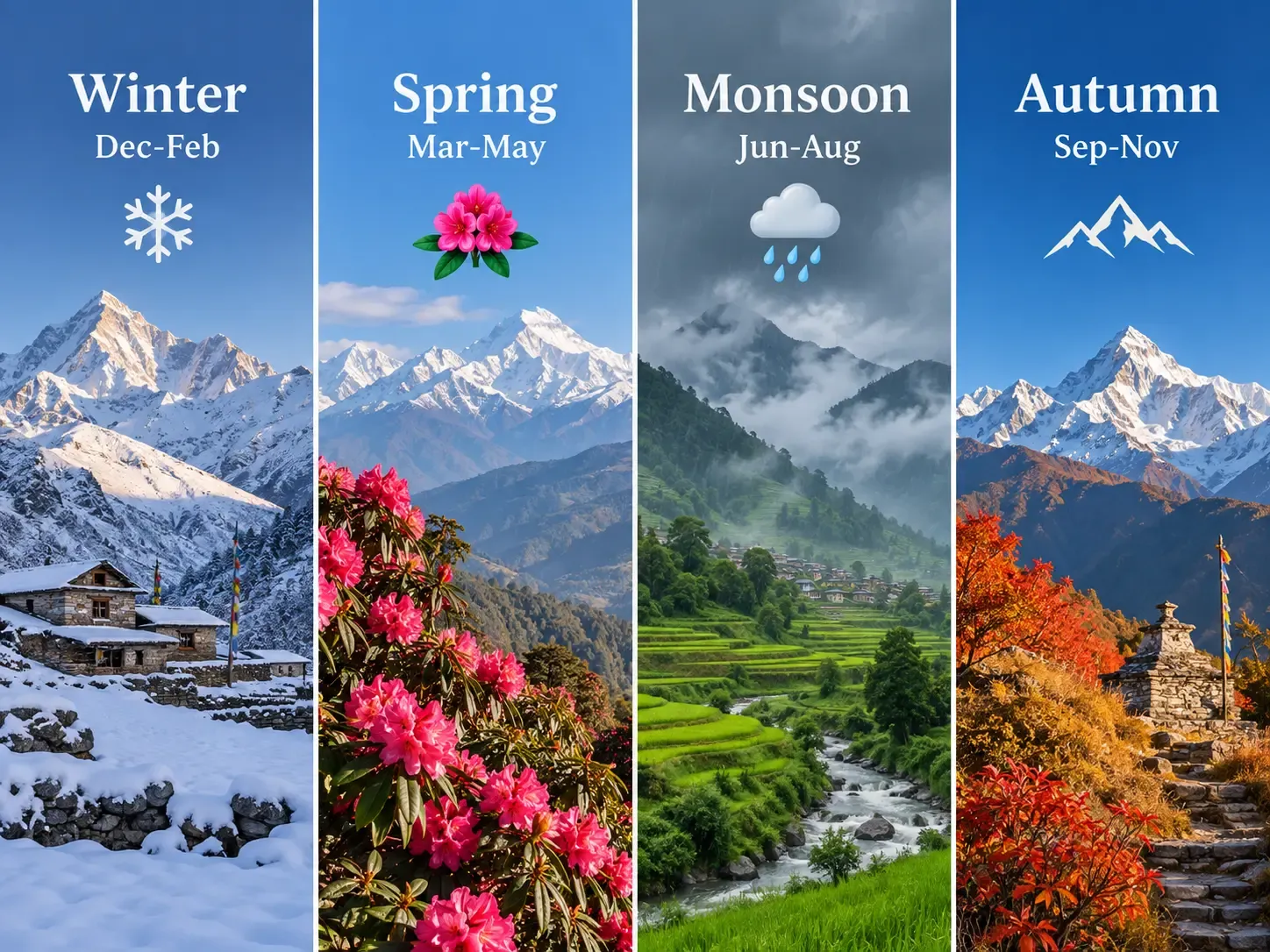 Nepal seasonal calendar showing winter, spring, monsoon, and autumn travel periods