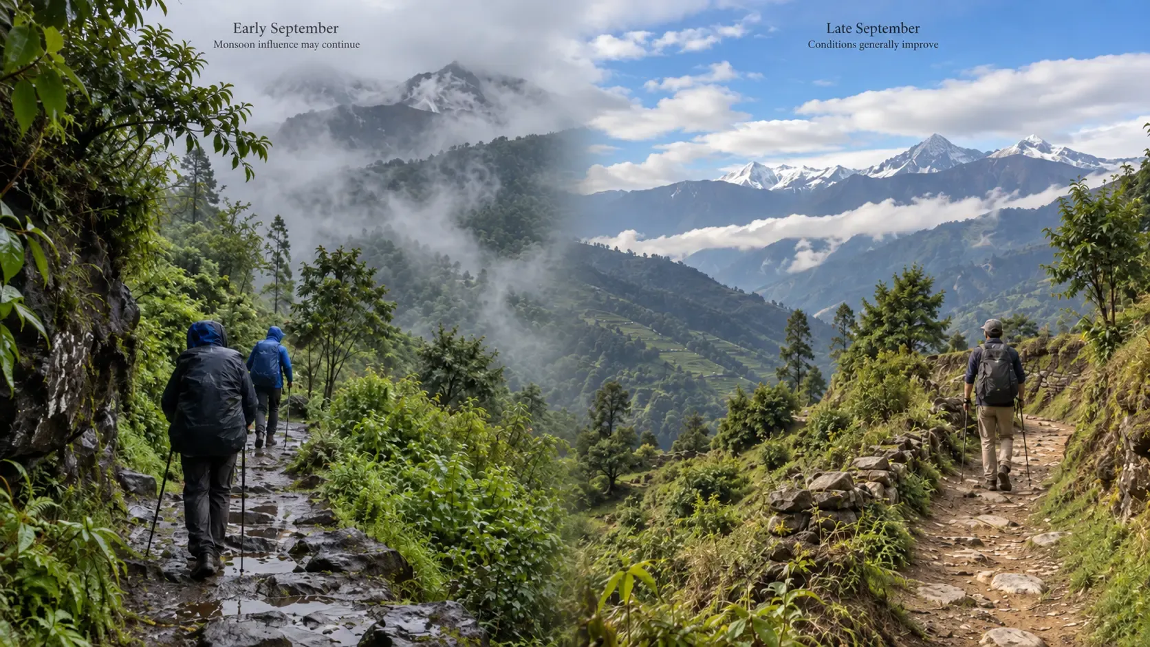 Nepal trekking trail showing changing weather conditions during the September transition