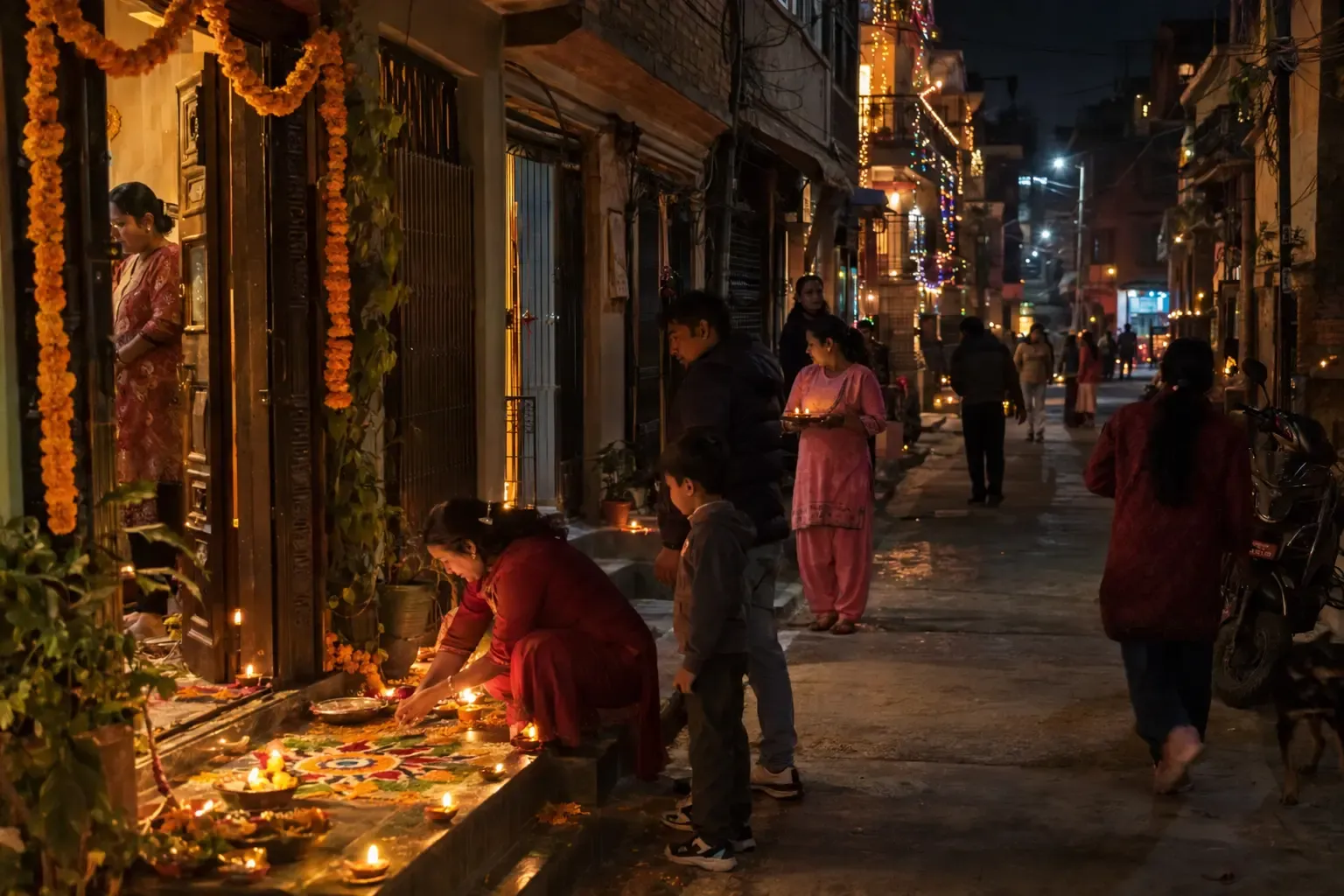 Traditional Tihar festival decorations and lights in Kathmandu, Nepal