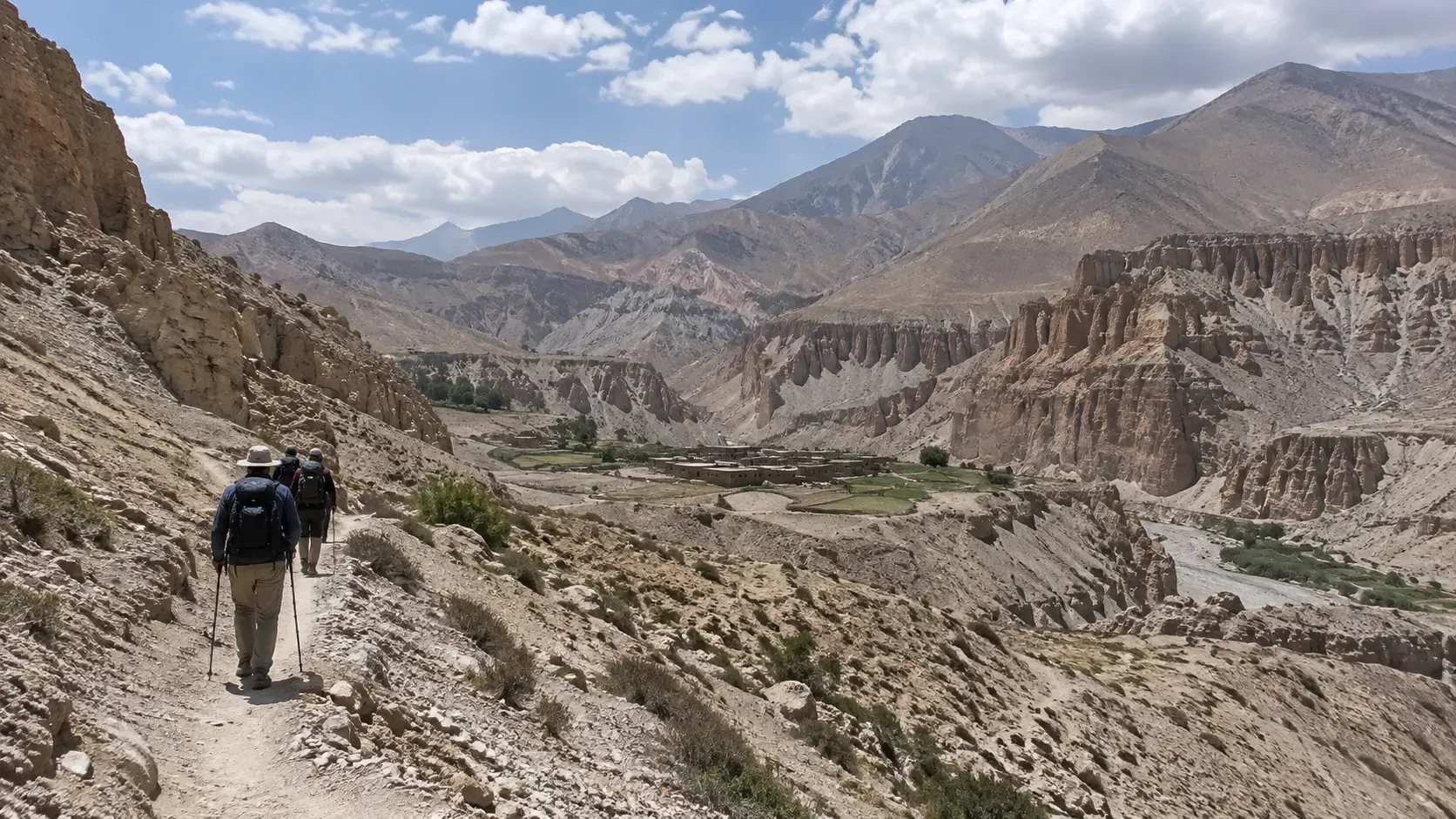 Dry mountain landscape and traditional settlement in Upper Mustang, Nepal